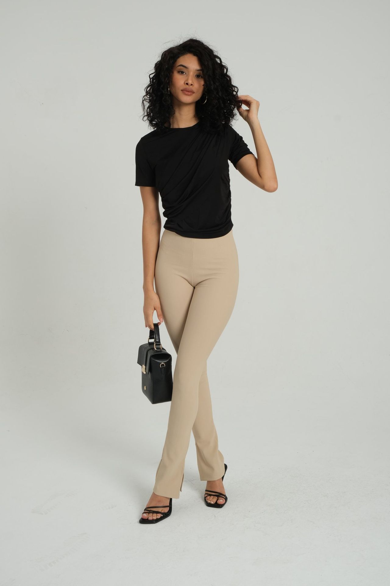 Round Neck Slinky Fabric Shoulder To Waist Gathered Top