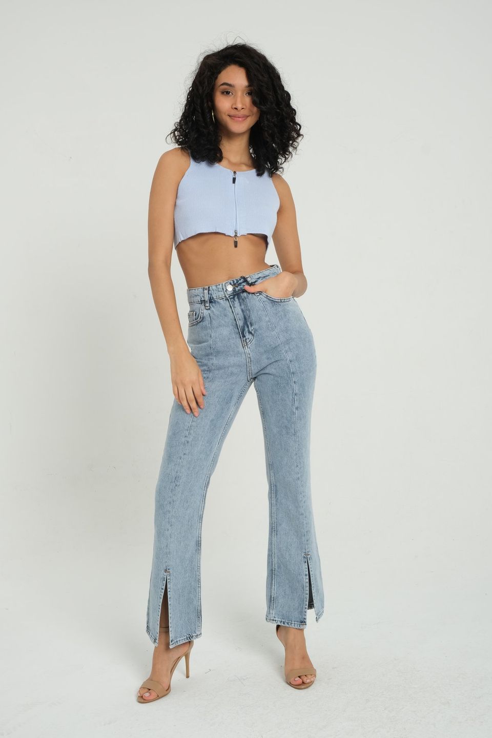 V Neck Knitted Ribbed Zippered Crop Top