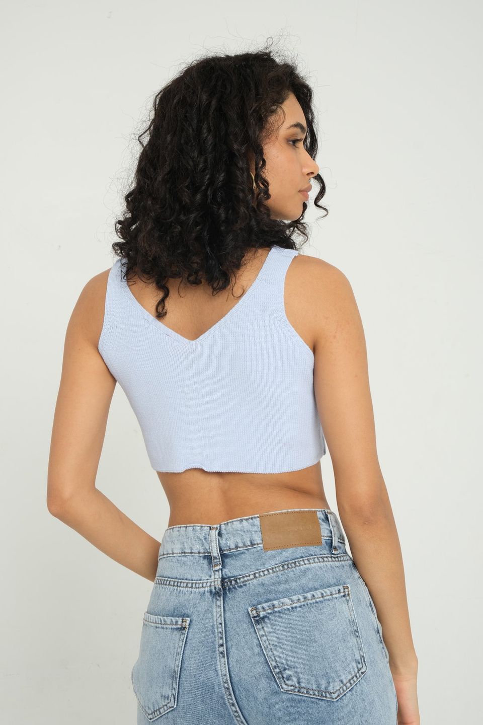 V Neck Knitted Ribbed Zippered Crop Top