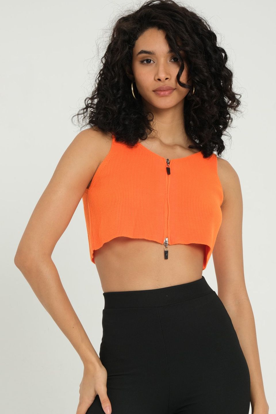 V Neck Knitted Ribbed Zippered Crop Top