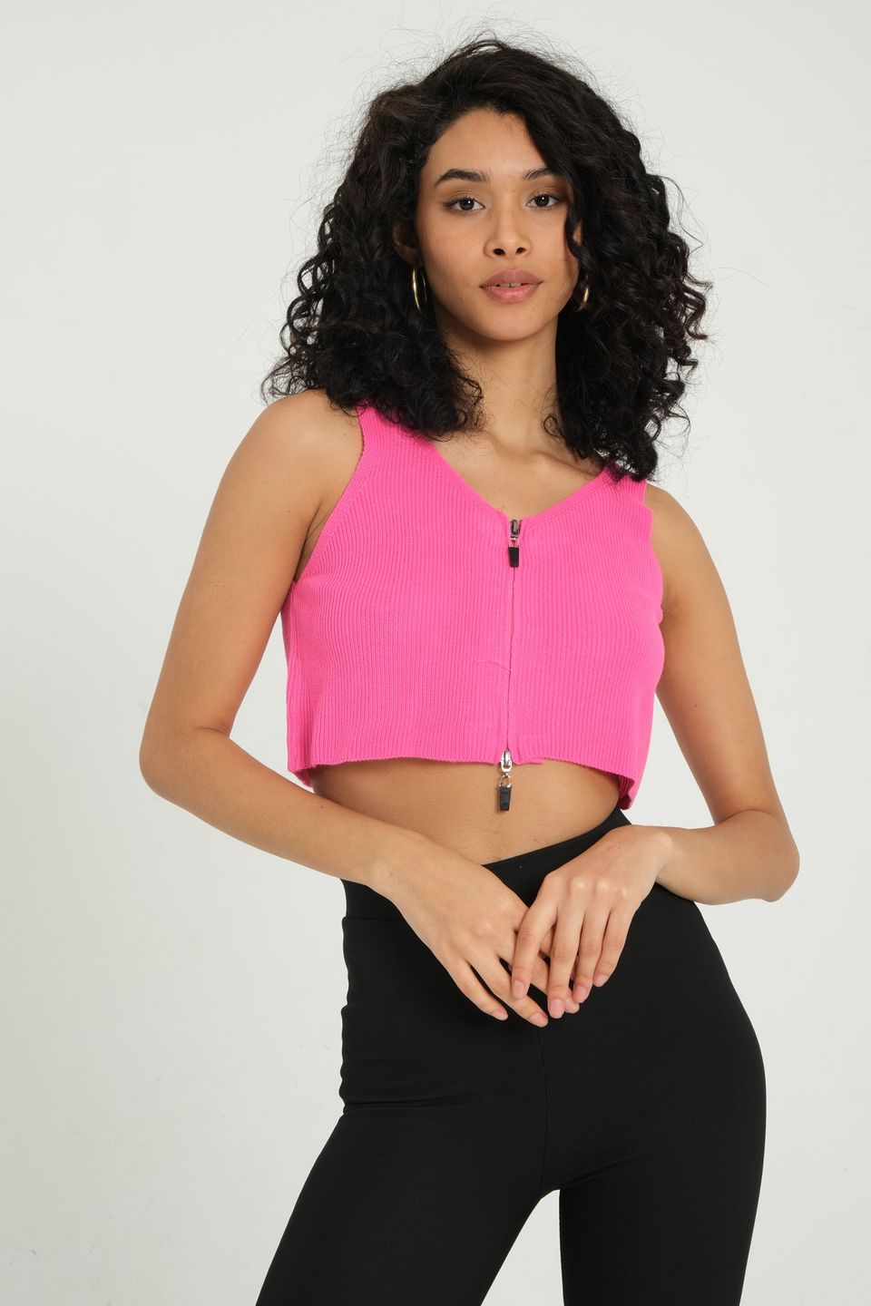 V Neck Knitted Ribbed Zippered Crop Top