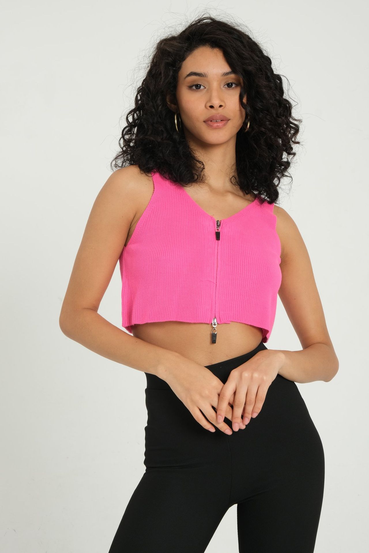 V Neck Knitted Ribbed Zippered Crop Top