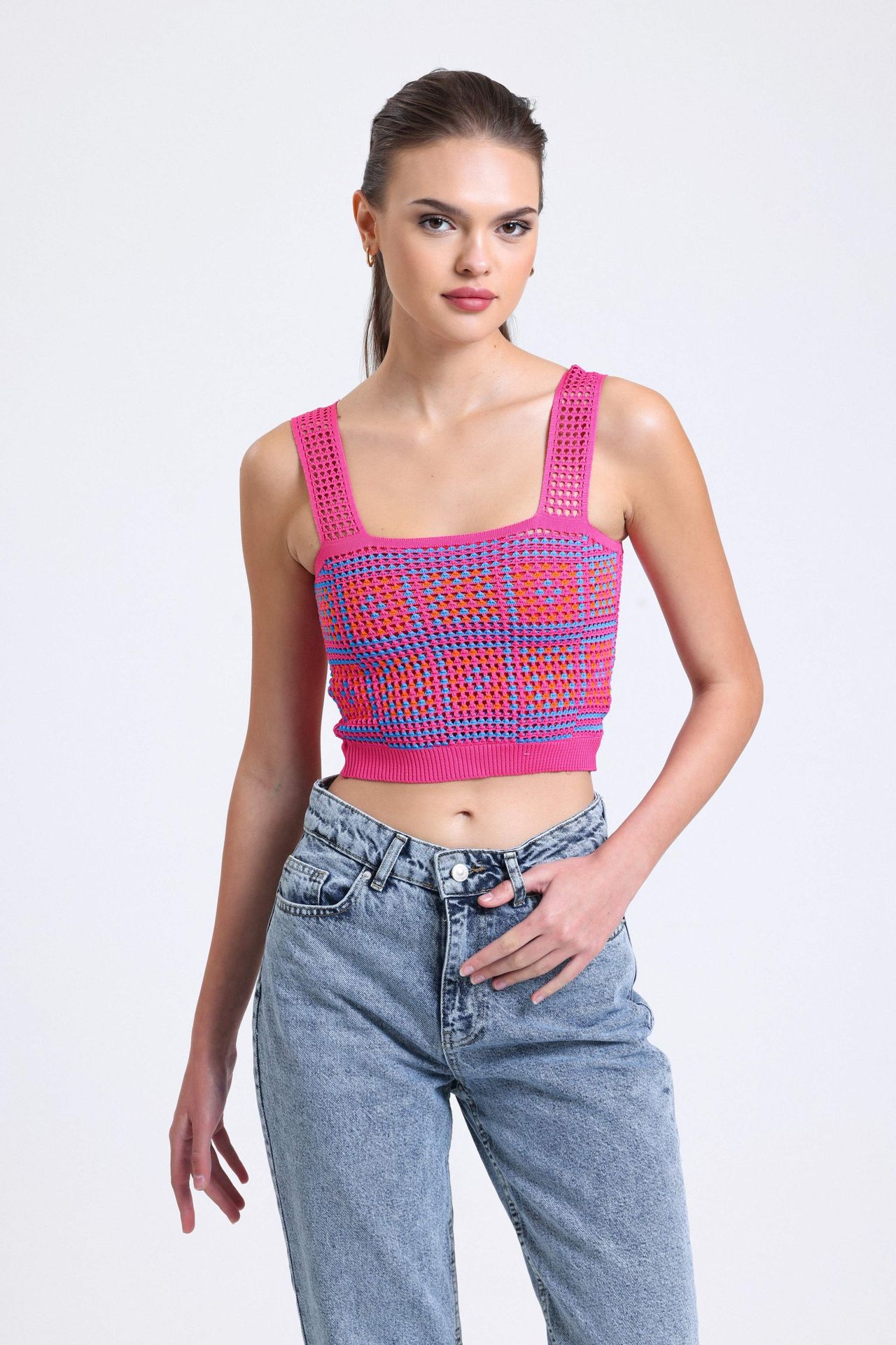 Geometric Square Neck Knitted Strappy Crochet Crop Top