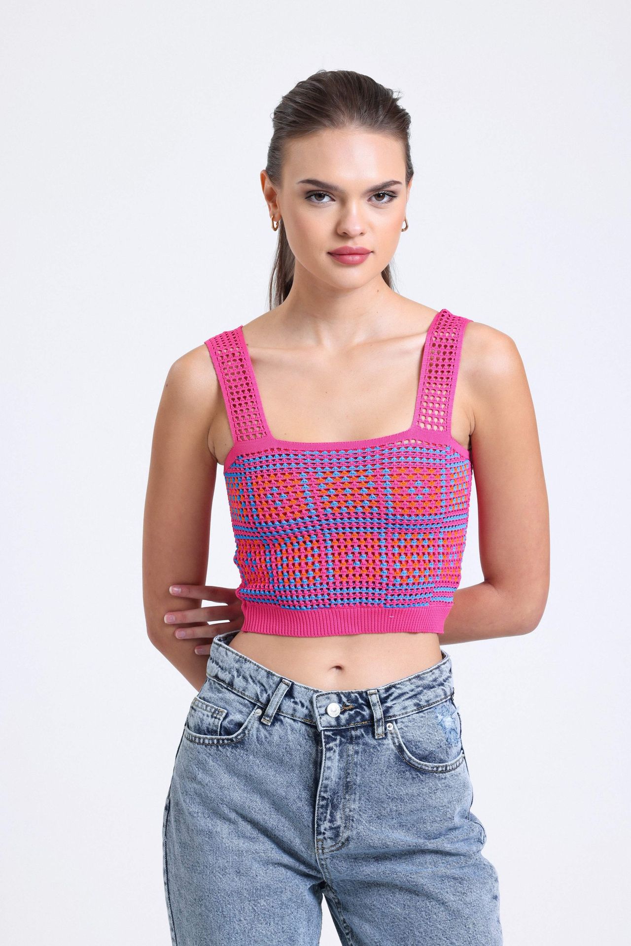 Geometric Square Neck Knitted Strappy Crochet Crop Top