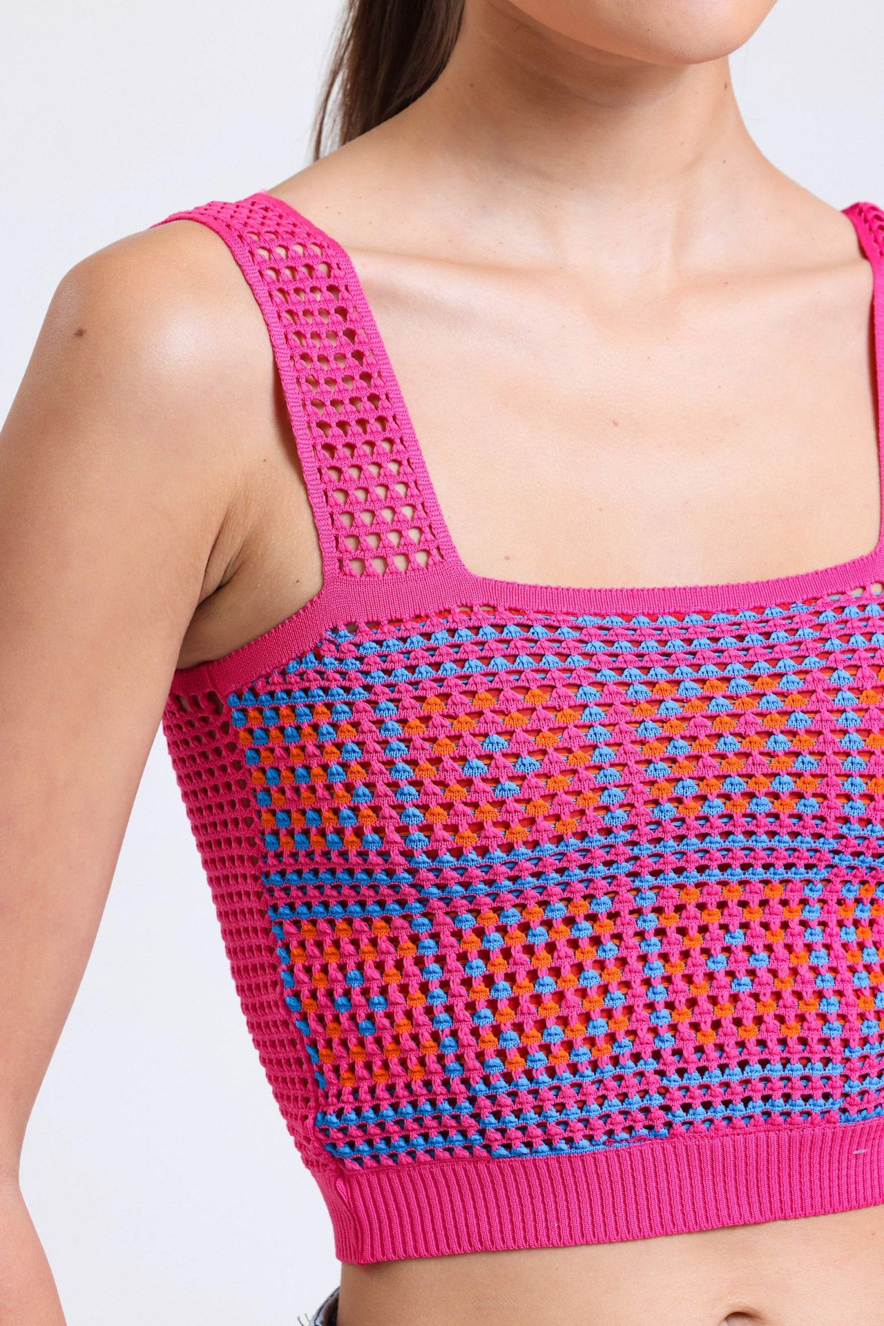 Geometric Square Neck Knitted Strappy Crochet Crop Top