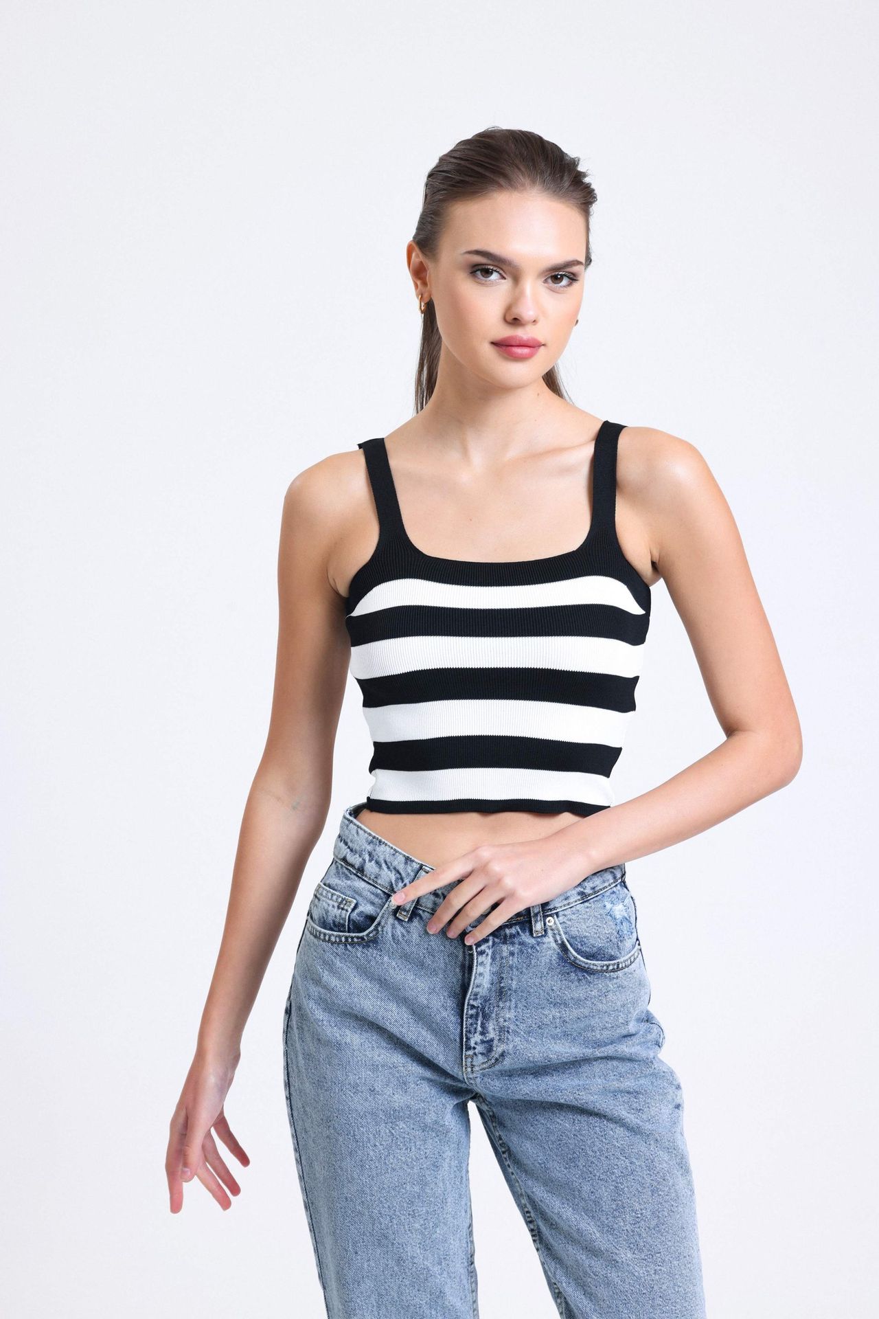 Striped Square Neck Strappy Crop Top