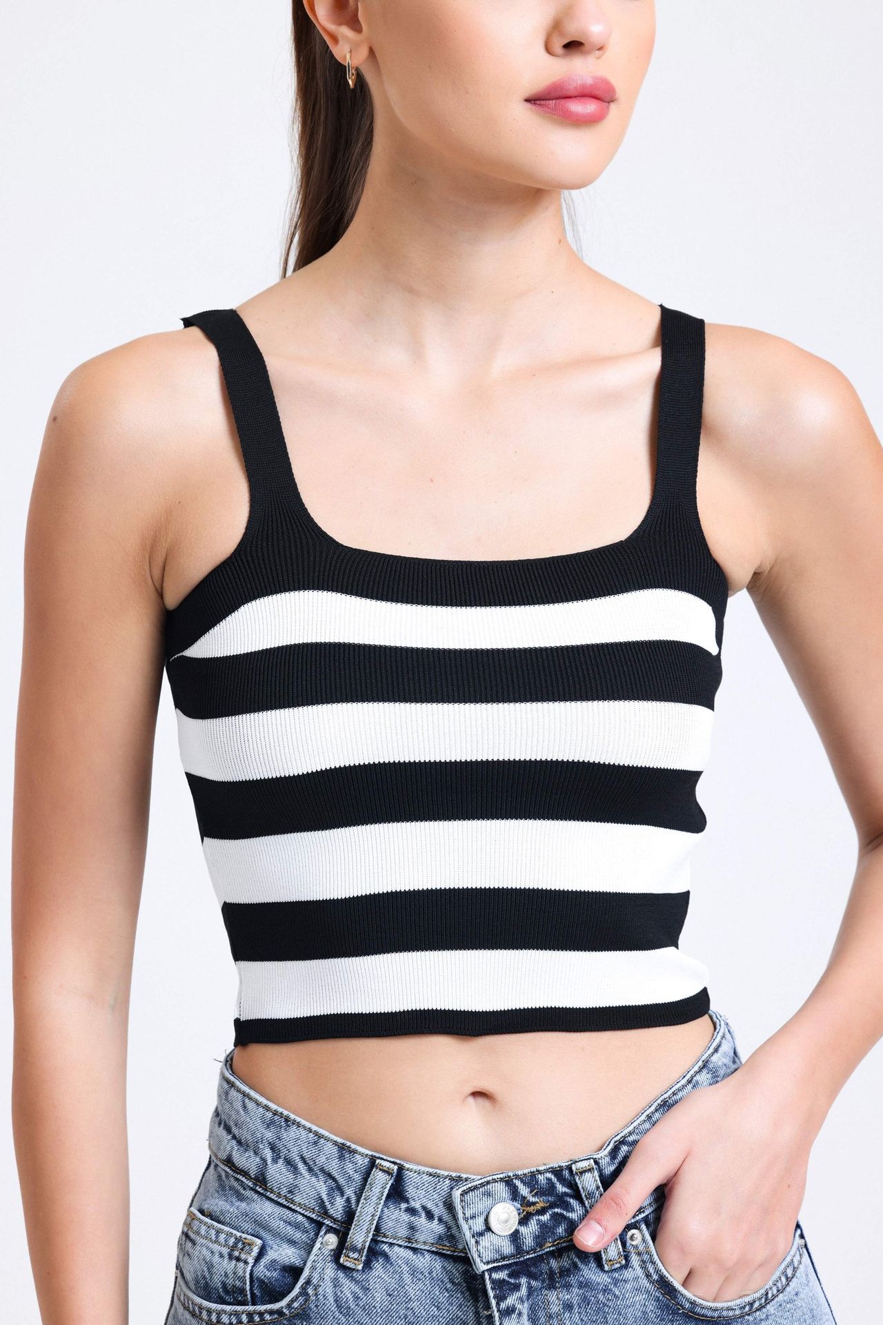 Striped Square Neck Strappy Crop Top