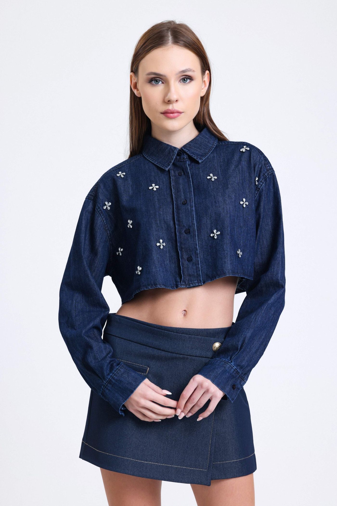 Denim Cropped Shirt with a Gem Detail