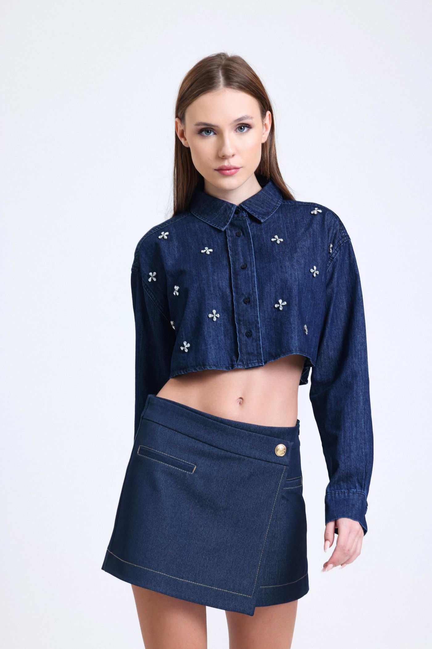 Denim Cropped Shirt with a Gem Detail