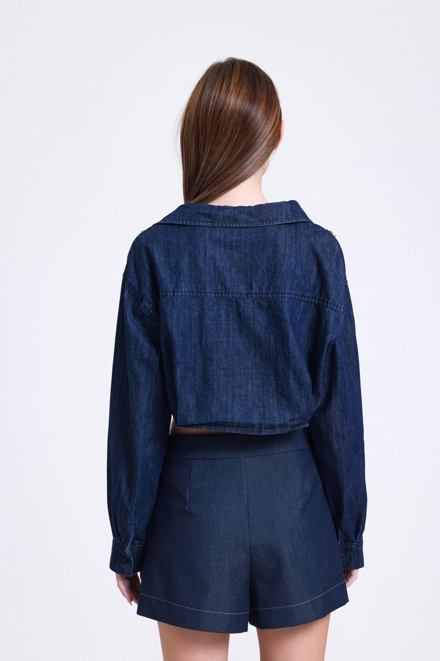 Denim Cropped Shirt with a Gem Detail