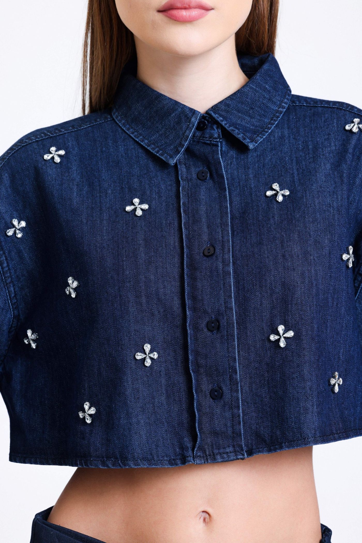 Denim Cropped Shirt with a Gem Detail