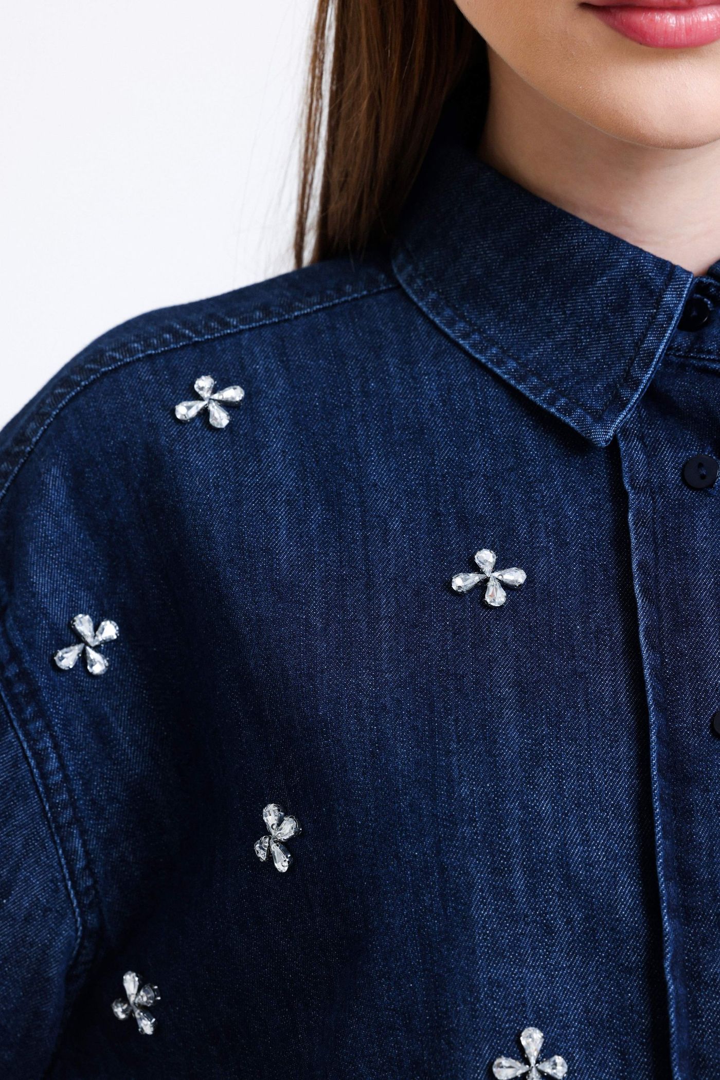 Denim Cropped Shirt with a Gem Detail