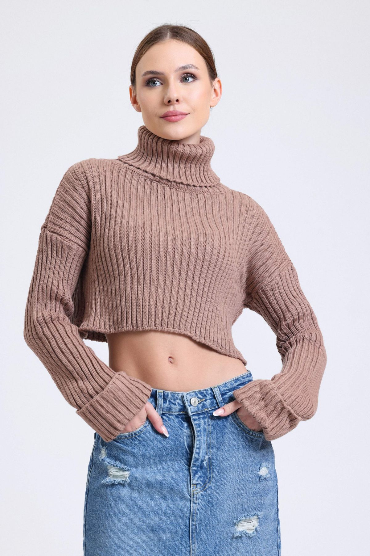 Turtleneck Ribbed Cropped Sweater