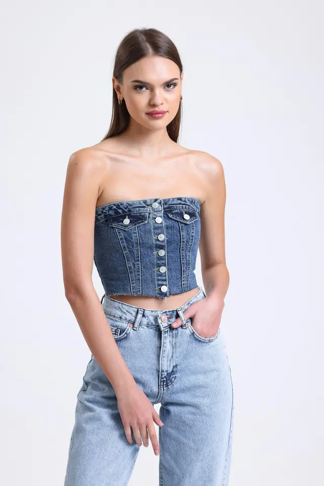 Strapless Denim Buttoned Crop Top