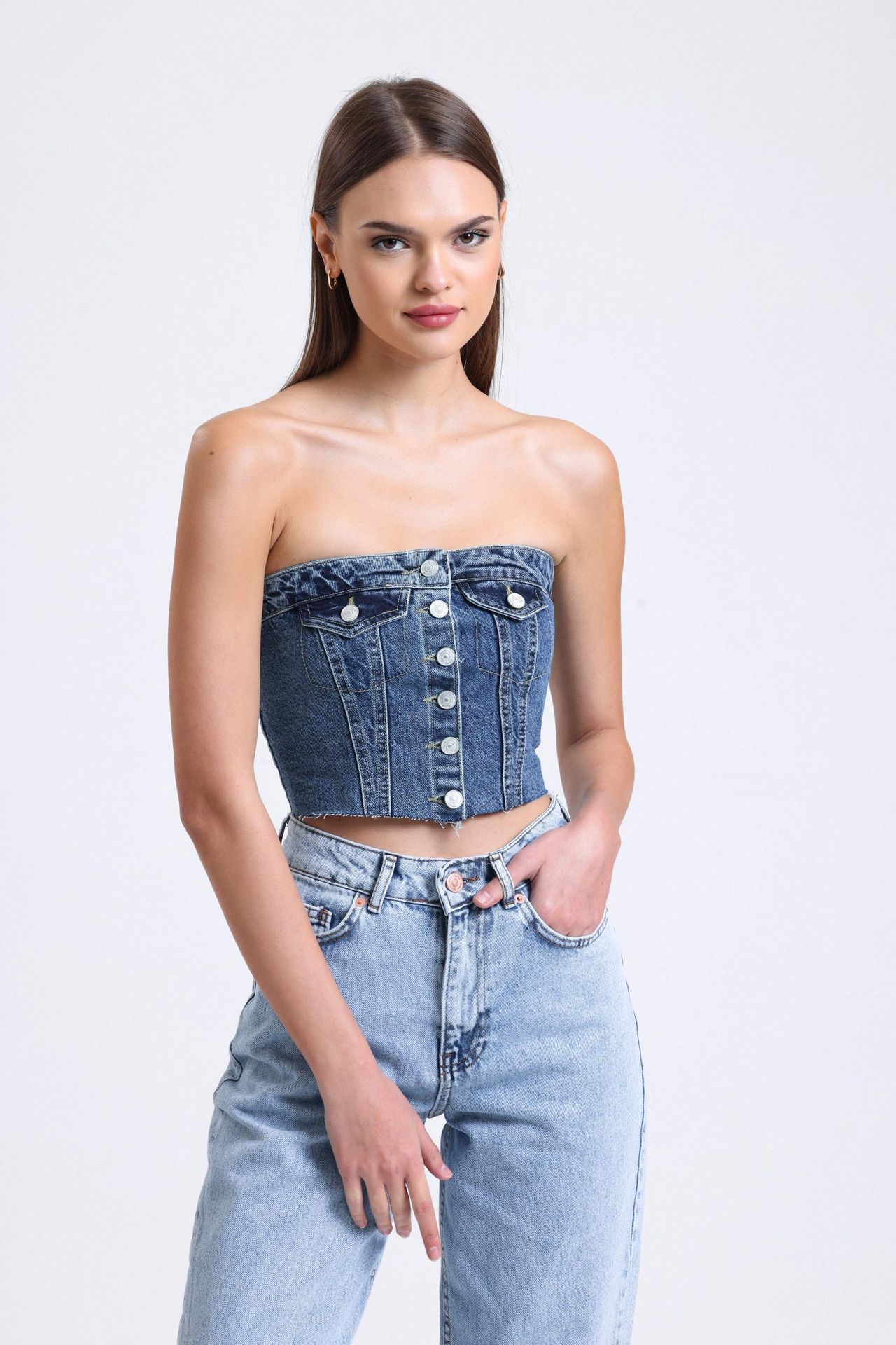 Strapless Denim Buttoned Crop Top