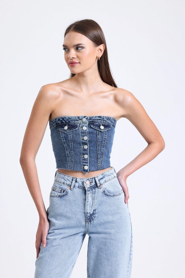 Strapless Denim Buttoned Crop Top 2