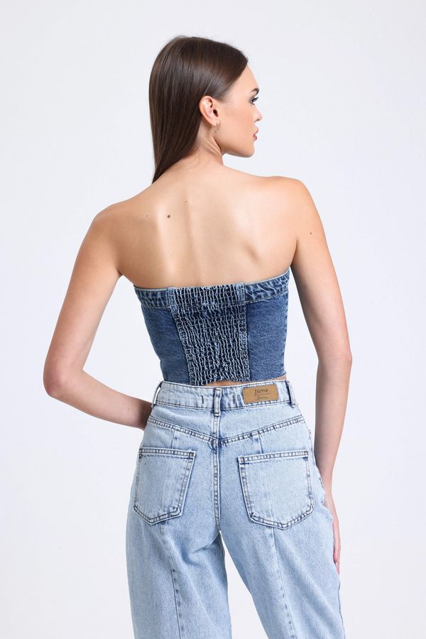 Strapless Denim Buttoned Crop Top 3