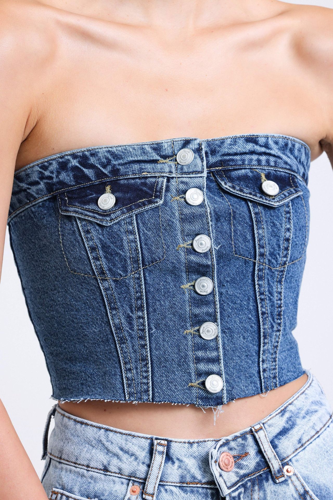 Strapless Denim Buttoned Crop Top