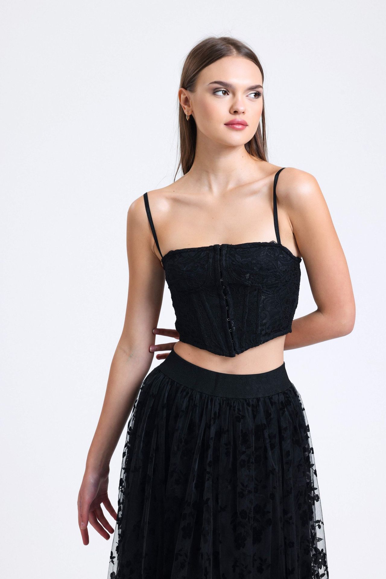 Square Neck Lace Strappy Crop Top with a V-Shaped Front