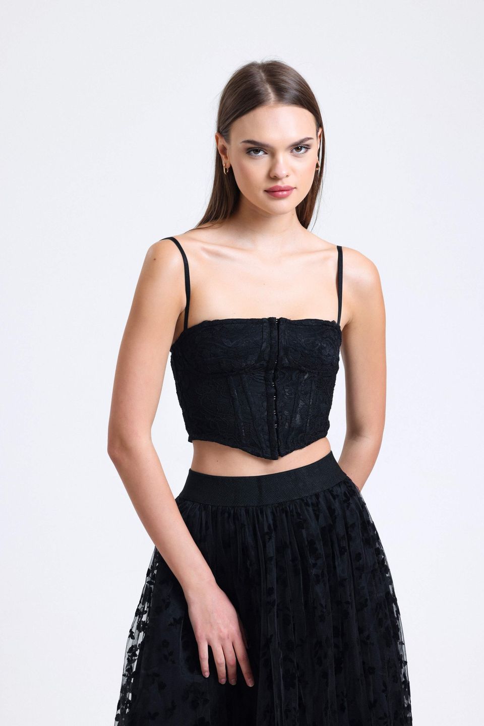 Square Neck Lace Strappy Crop Top with a V-Shaped Front