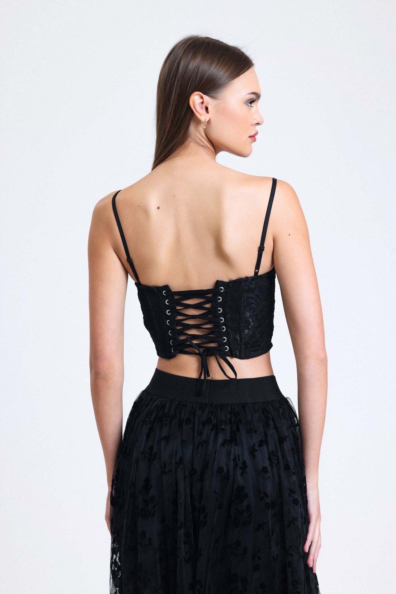 Square Neck Lace Strappy Crop Top with a V-Shaped Front