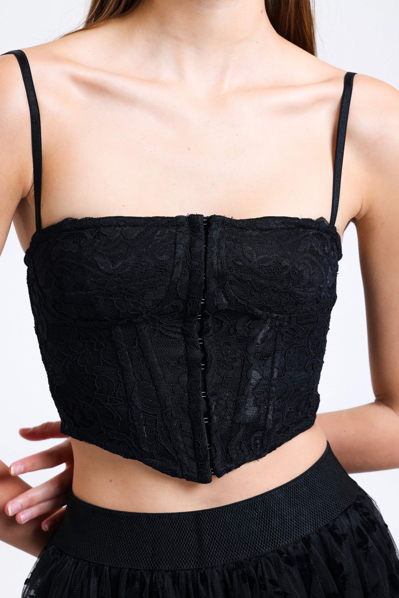 Square Neck Lace Strappy Crop Top with a V-Shaped Front