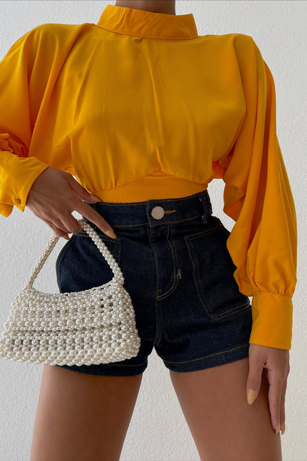 High Neck Baloon Sleeve Ruched Cropped Shirt 1