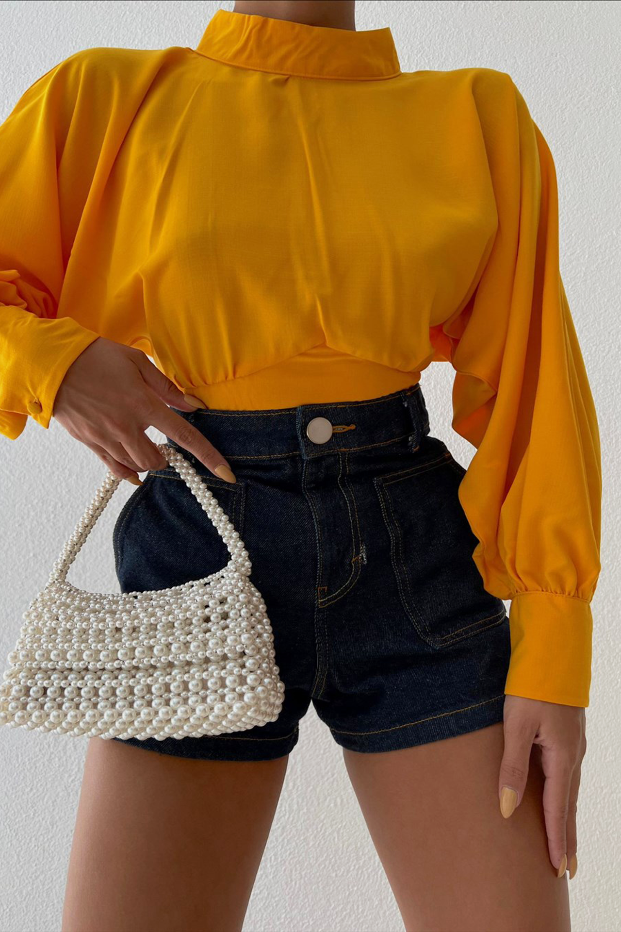High Neck Baloon Sleeve Ruched Cropped Shirt