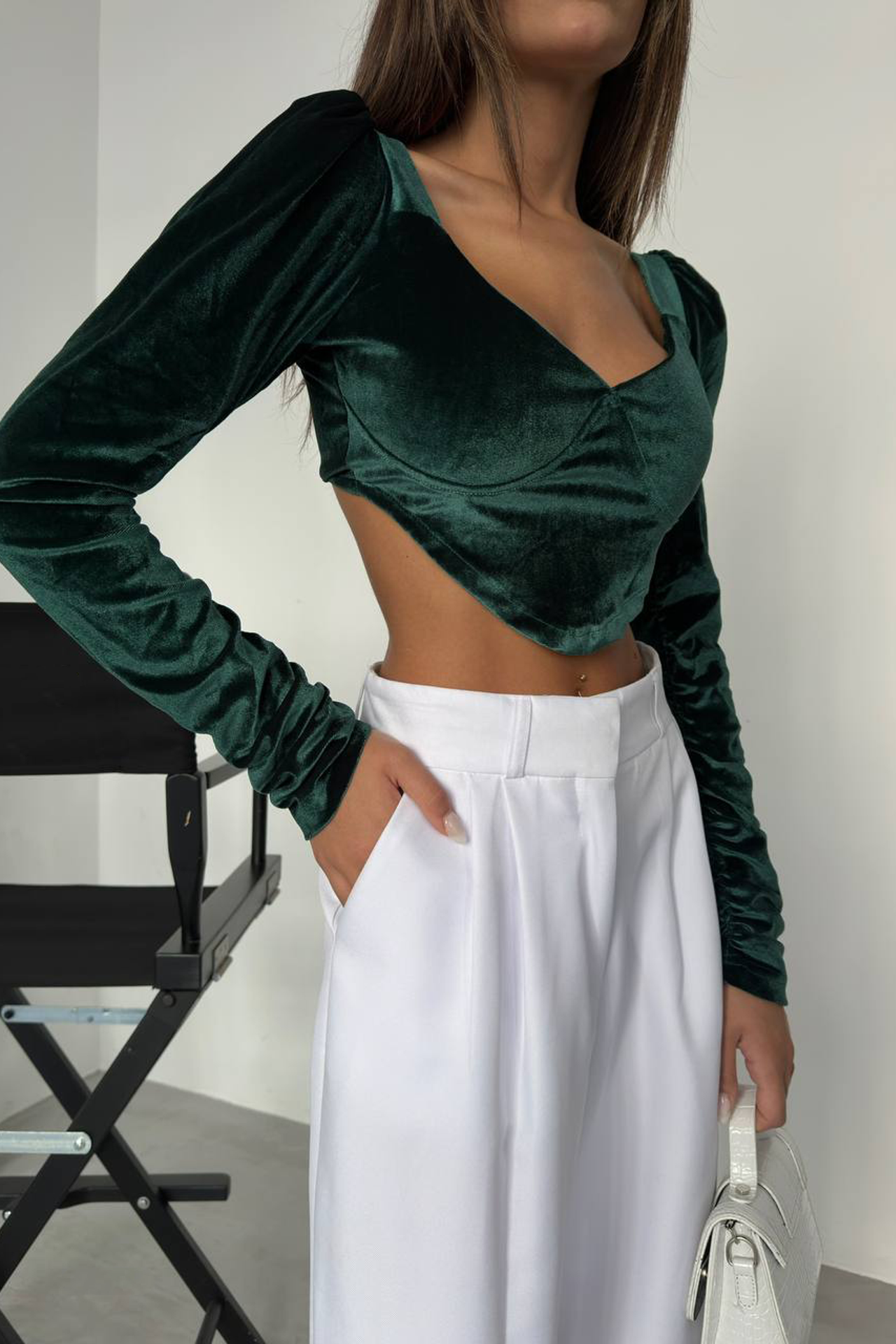 Scoop Neck Velvet Puff Sleeve Cropped Blouse