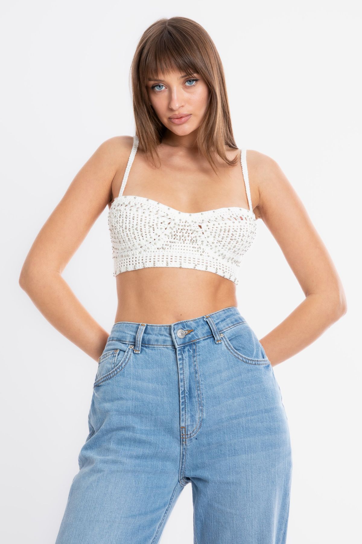 Sweatheart Neck Knitted Strappy Studded Crop Top