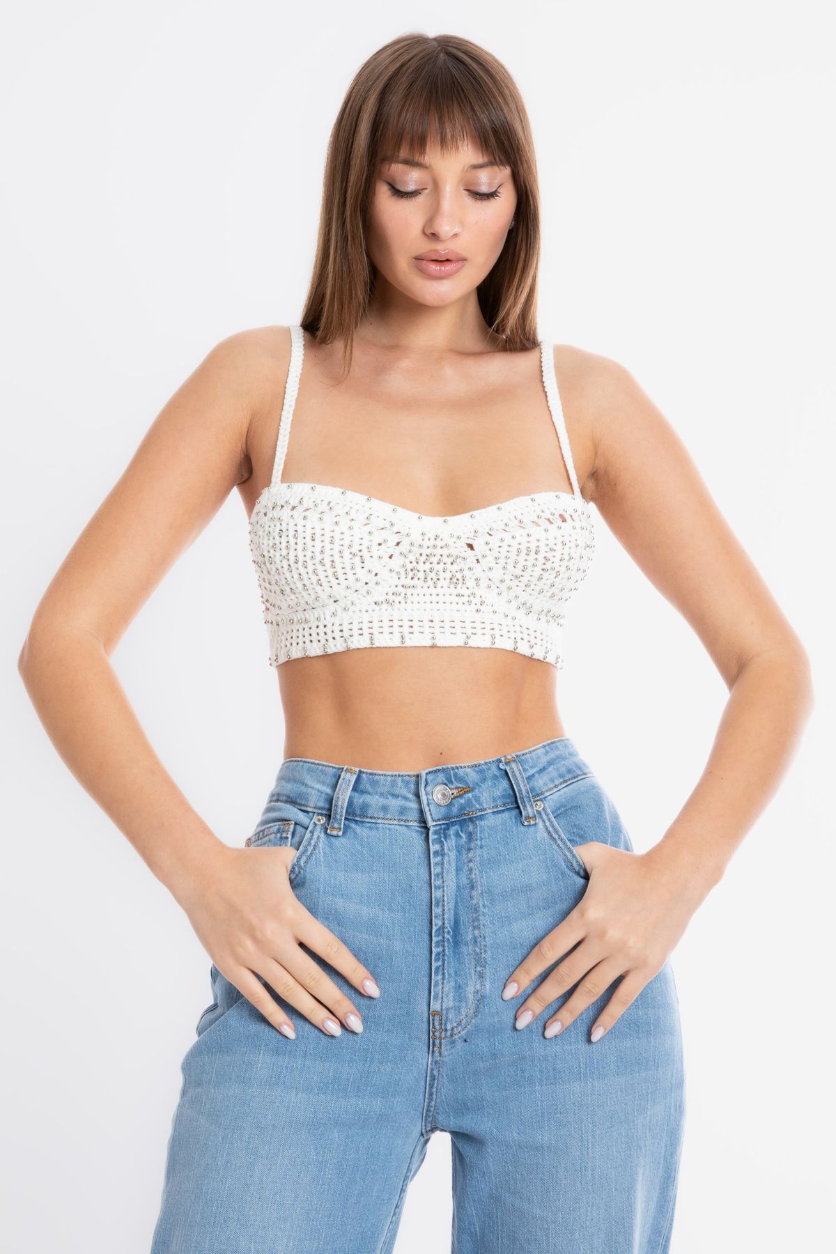 Sweatheart Neck Knitted Strappy Studded Crop Top