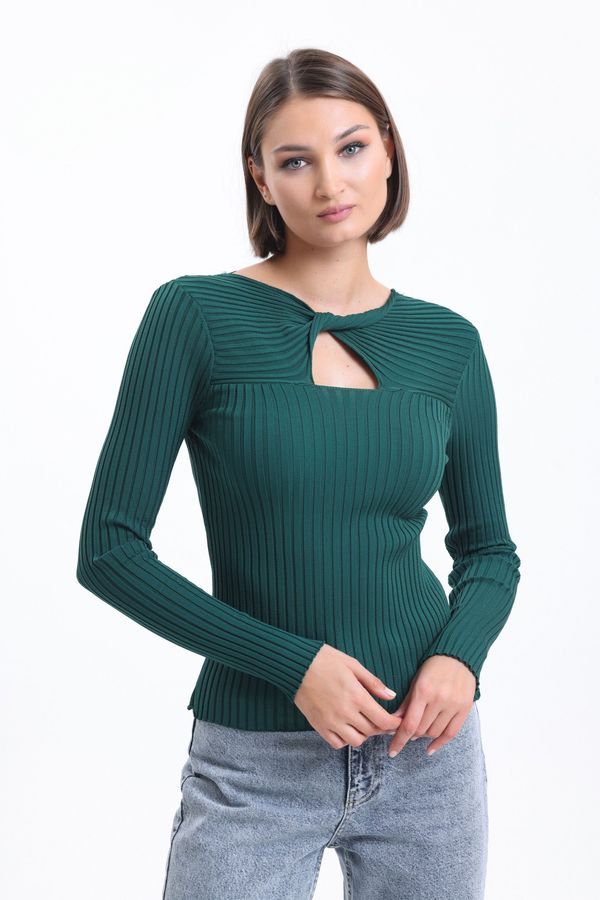 Round Neck Knitted Ribbed Blouse with a Cut Out 1