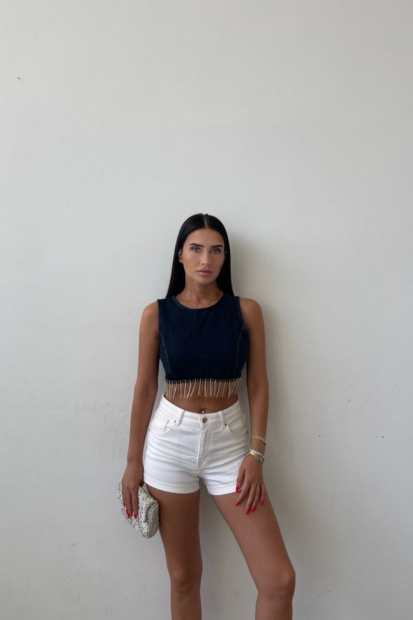 Round Neck Denim Zip Up Back Crop Top with a Tassel Hem 2