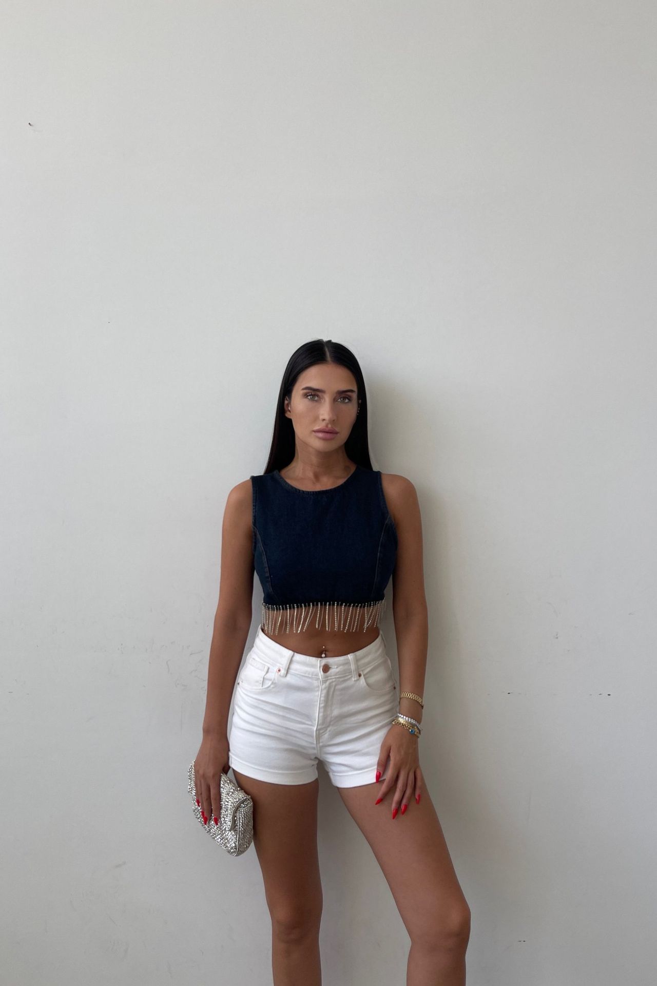 Round Neck Denim Zip Up Back Crop Top with a Tassel Hem