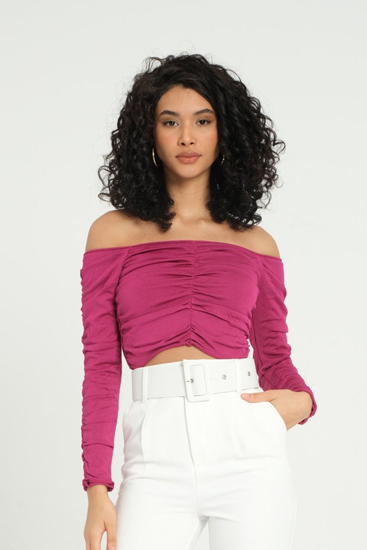 Off Shoulder Ruched Long Sleeve Cropped Top
