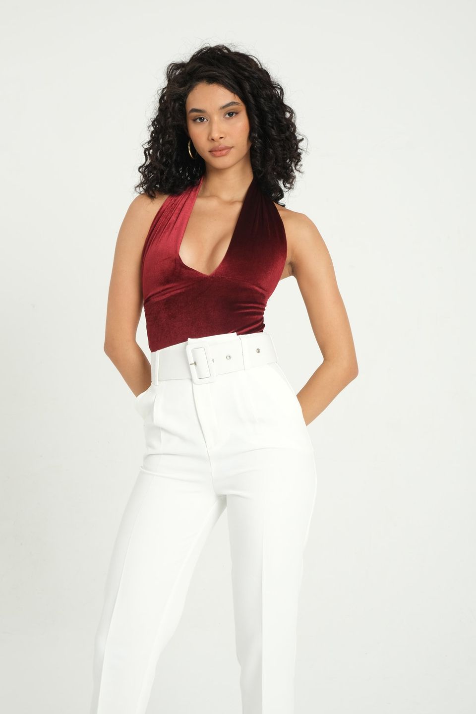 Plunge Neck Velvet Backless Sleeveless Body