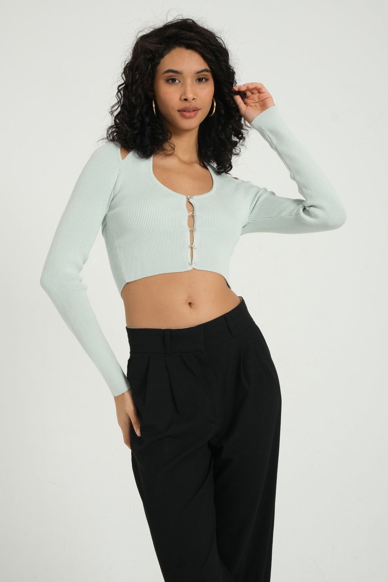 Scoop Neck Accessorized Cropped Cardigan with a Back Cut out 2
