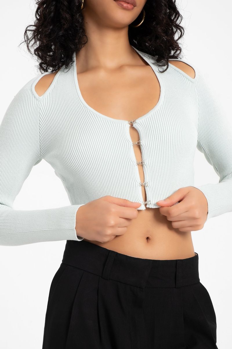 Scoop Neck Accessorized Cropped Cardigan with a Back Cut out 5