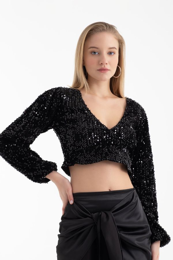 V Neck Sequin Cropped Blouse 1