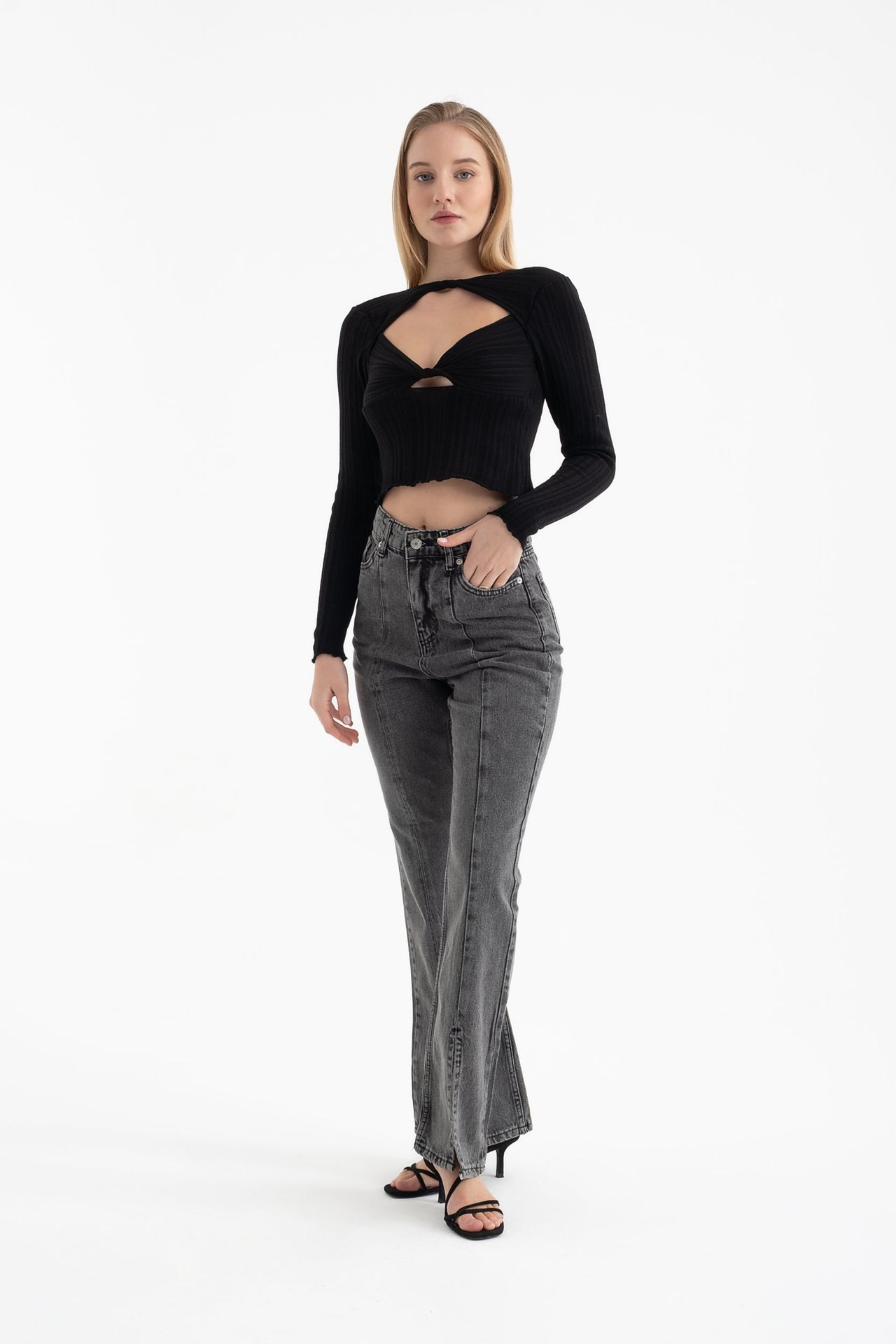 Boat Neck Ruched Bust Cut Out Long Sleeve Blouse
