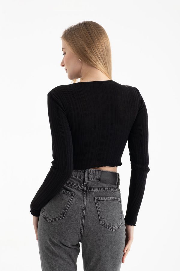Boat Neck Ruched Bust Cut Out Long Sleeve Blouse 2