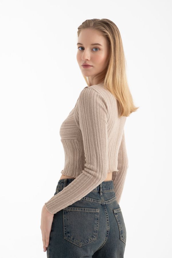 Boat Neck Ruched Bust Cut Out Long Sleeve Blouse 3