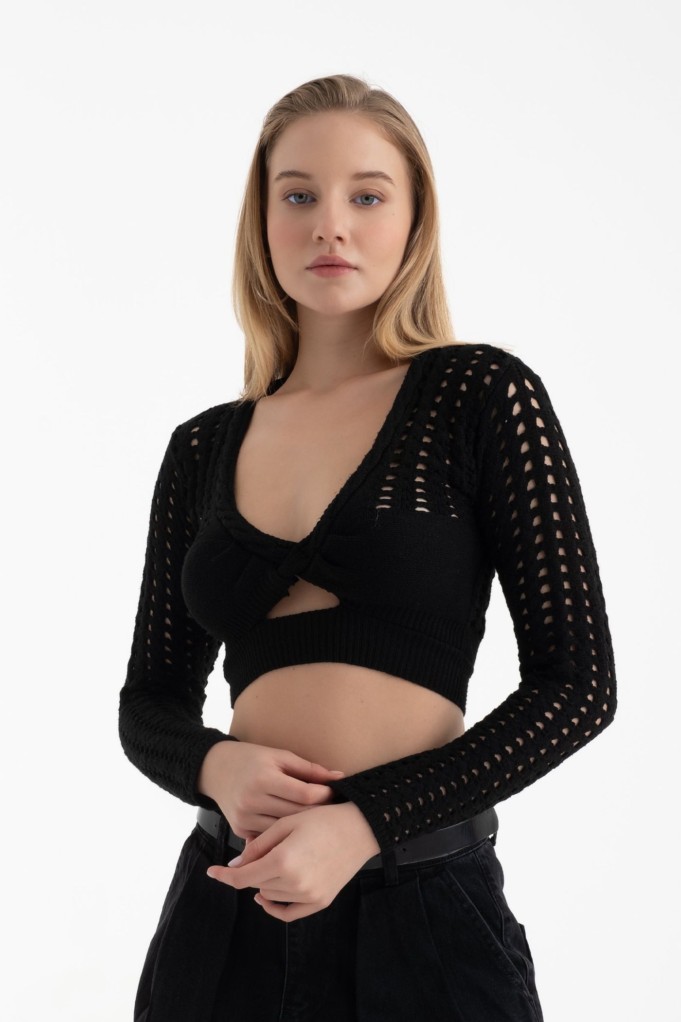 Scoop Neck Knitted Cut Out Long Sleeve Crochet Blouse