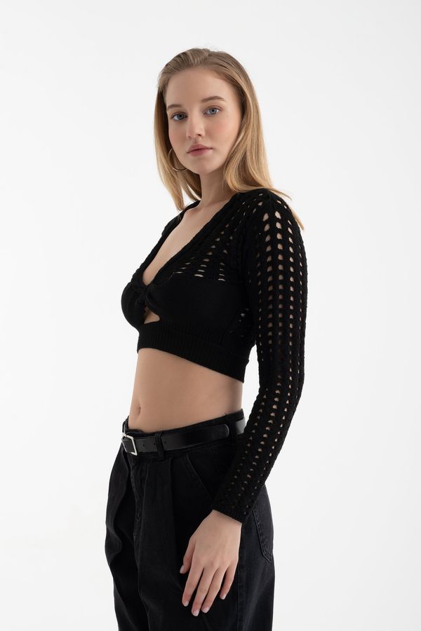 Scoop Neck Knitted Cut Out Long Sleeve Crochet Blouse 3