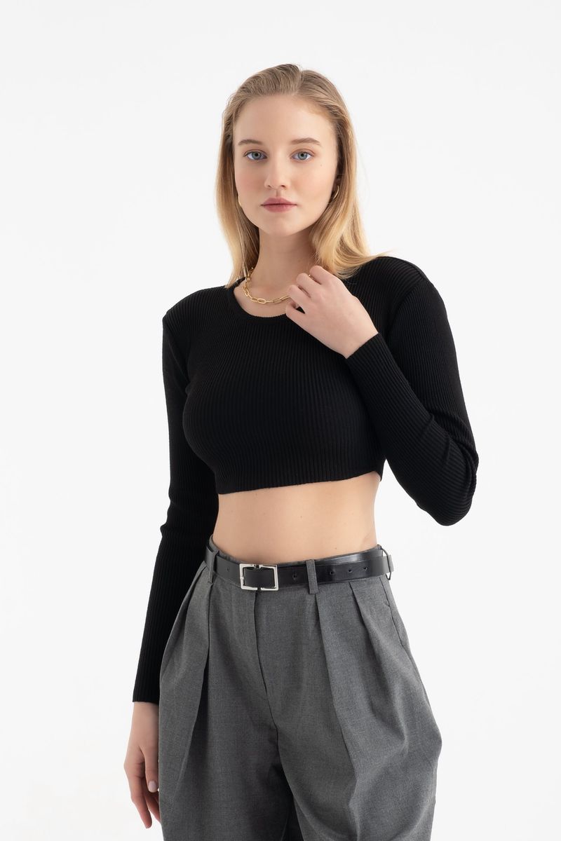 Round Neck Knitted Ribbed Long Sleeve Crop Top 3