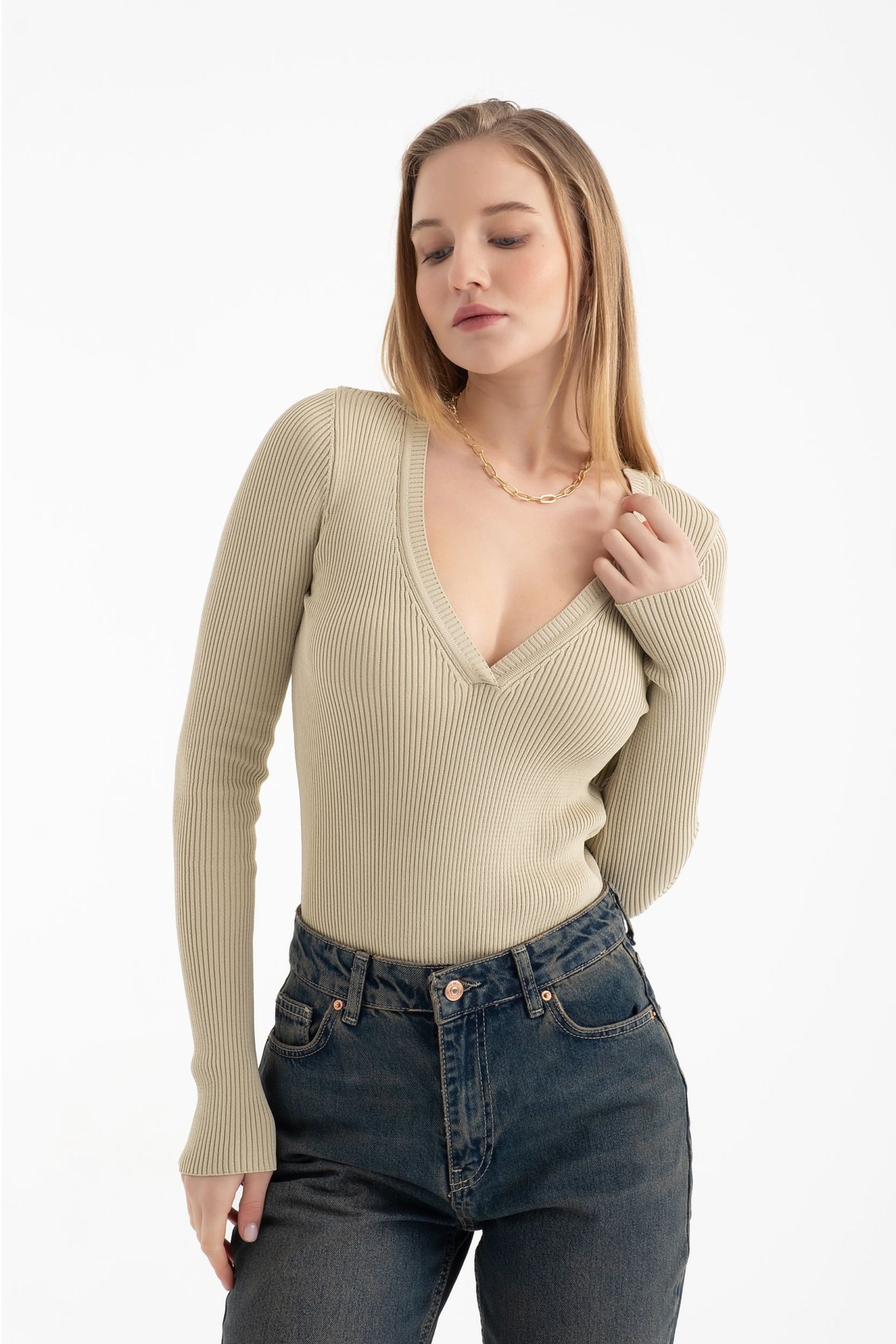 V Neck Knitted Ribbed Body