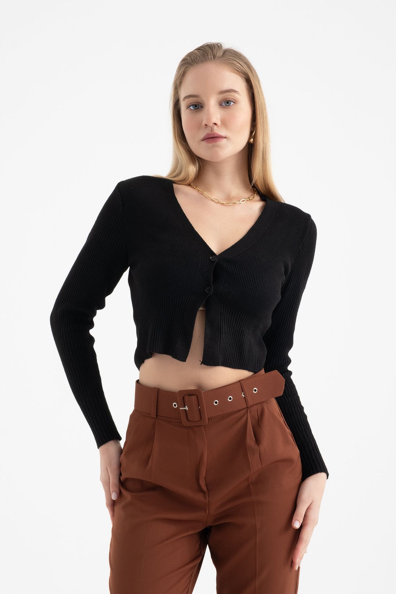 Solid V Neck Cropped Cardigan