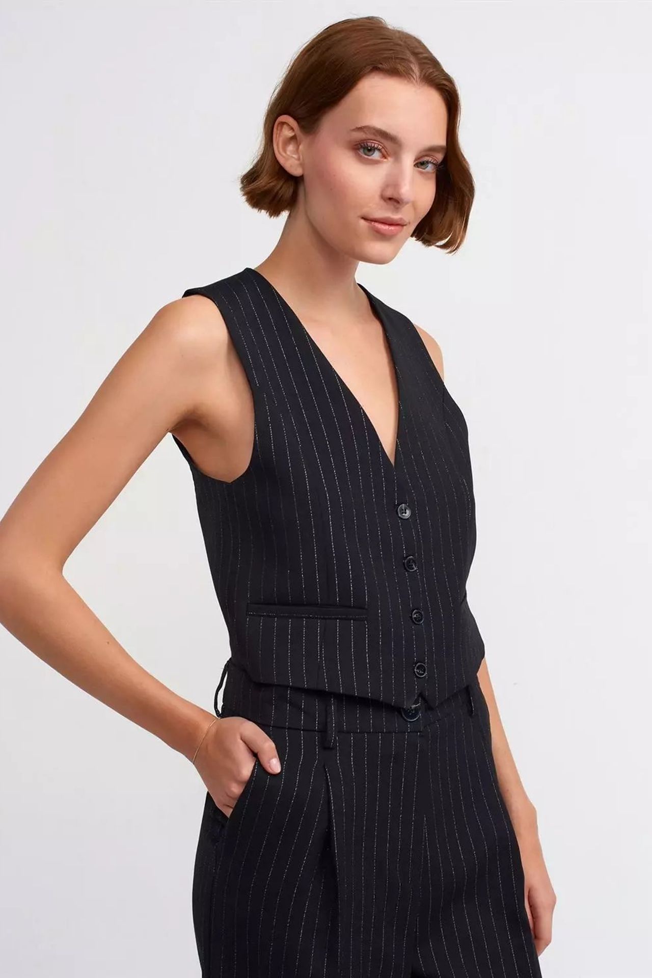 Striped V Neck Buttoned Waistcoat