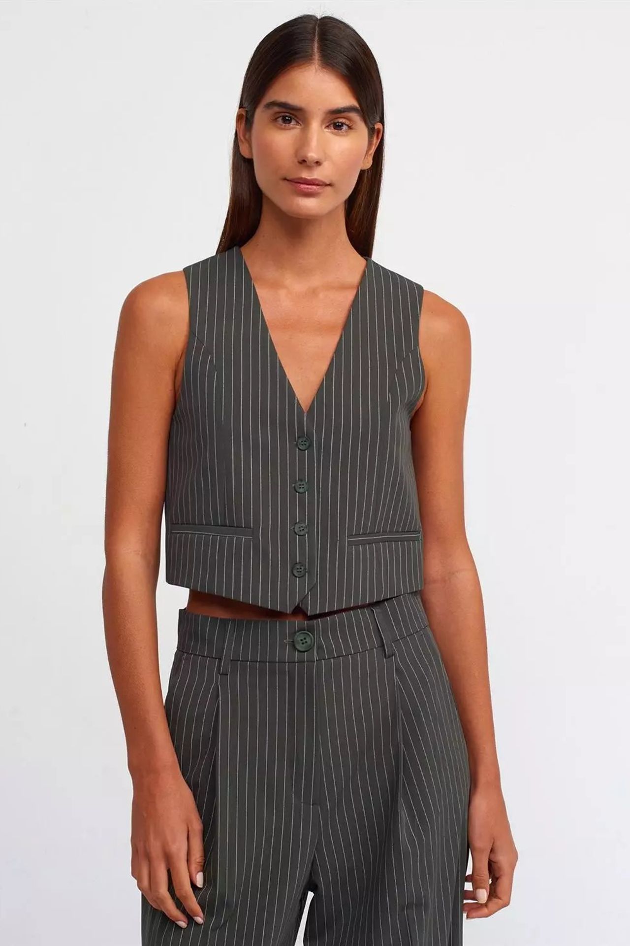 Striped V Neck Buttoned Waistcoat