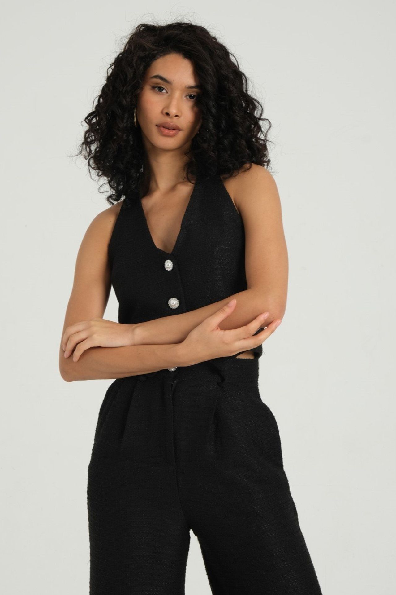 V Neck Tweed Buttoned Waistcoat 